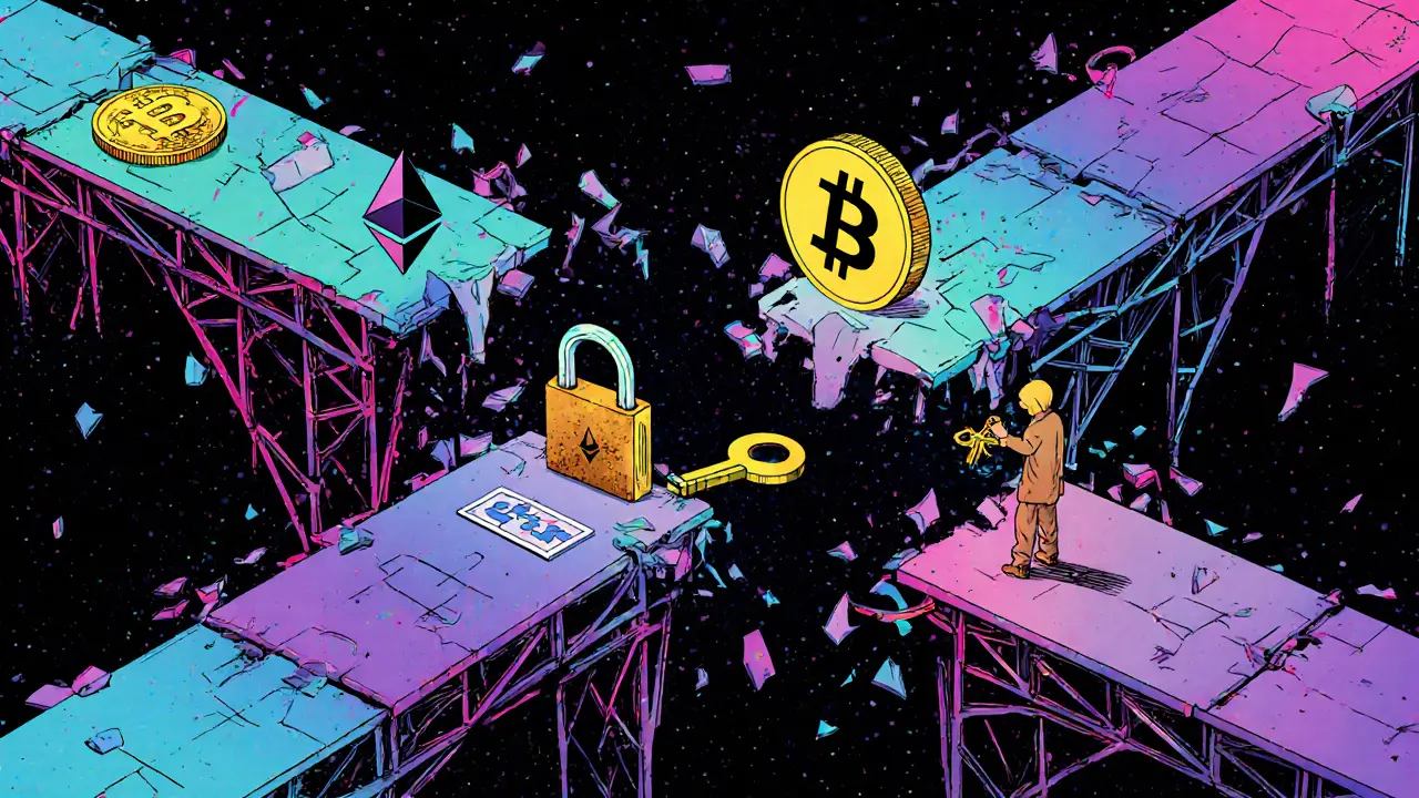 A broken bridge between blockchains leading to an empty platform labeled C3, no connections visible.