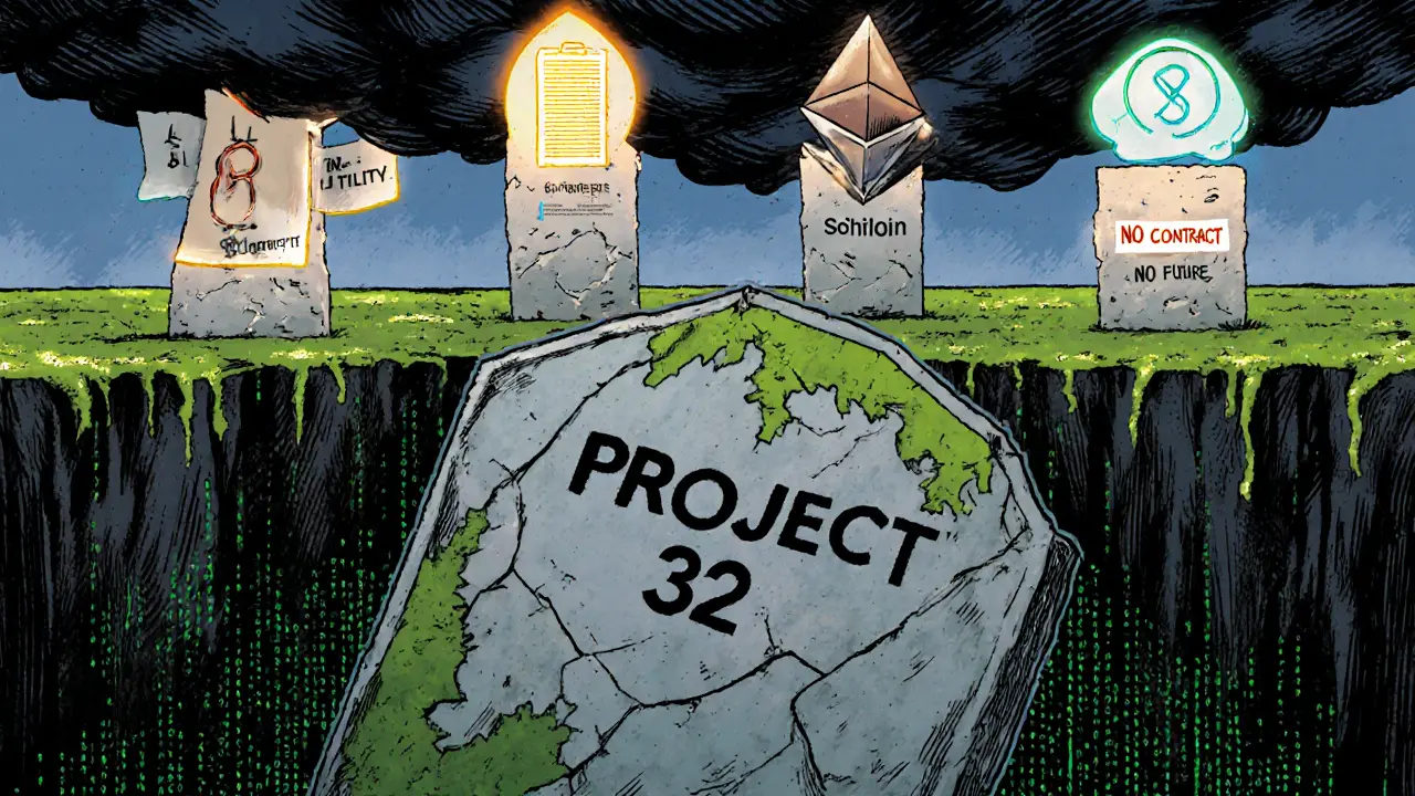 A crumbling monument labeled 'Project 32' sinks into digital darkness, while legitimate cryptos stand strong above.