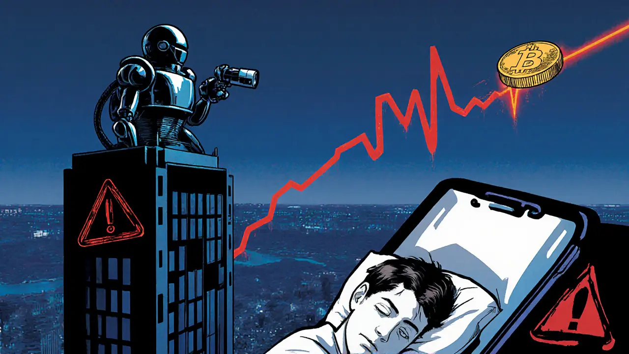 A watchtower robot monitors the blockchain for fraud while a user sleeps, alert glowing in the distance.