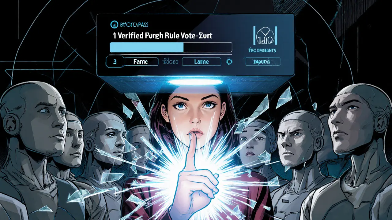 A woman verifying her identity with a glowing scanner as fake bot clones shatter behind her, symbolizing Sybil attack prevention.