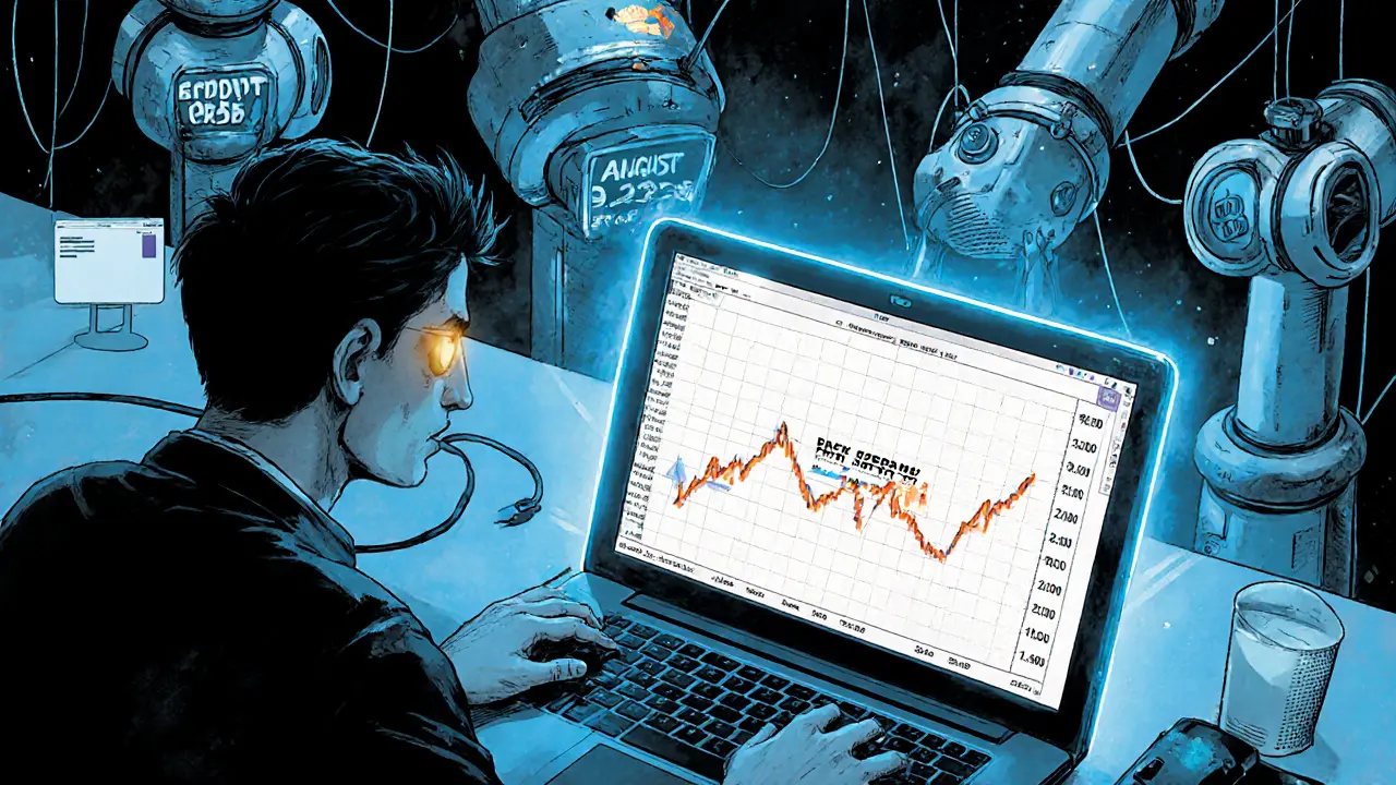 An investor watches a fake crypto chart with a future date, while robotic arms manipulate the data behind them.