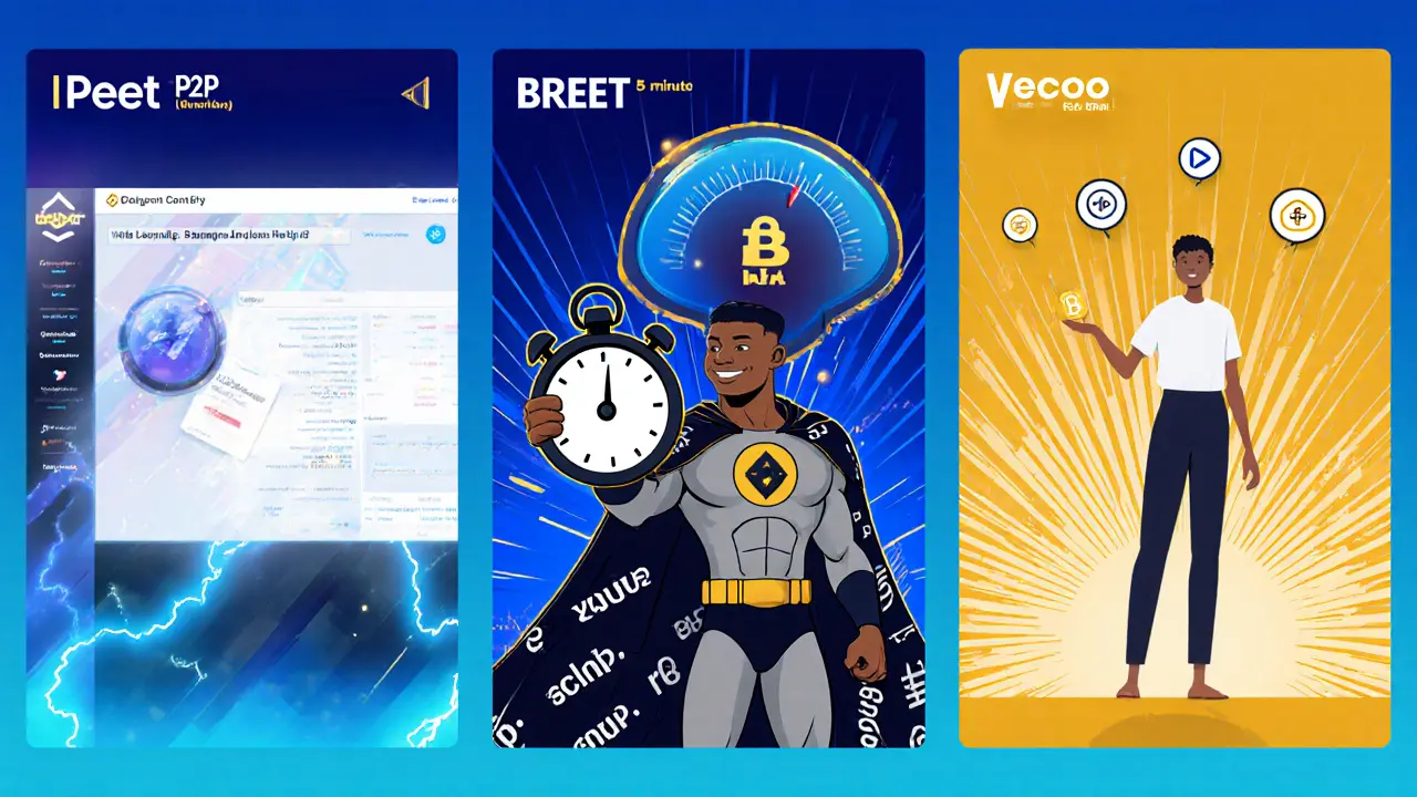 Comic panels showing three crypto platforms: fast trade, zero fees, and escrow security.
