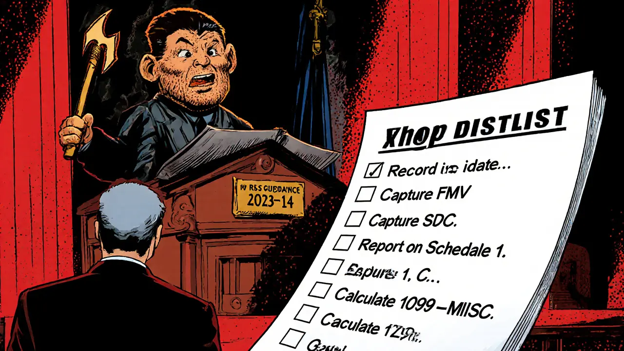 Courtroom scene showing a taxpayer facing a judge, with a checklist of compliance steps hovering nearby.