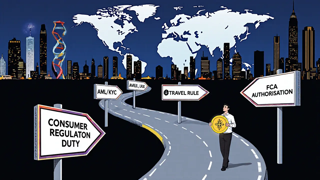 Crypto entrepreneur follows a compliance roadmap with signposts amid a world map backdrop.