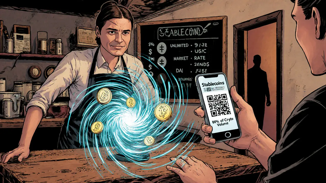 Customer scans QR code for stablecoins in a coffee shop, with digital tokens highlighted.