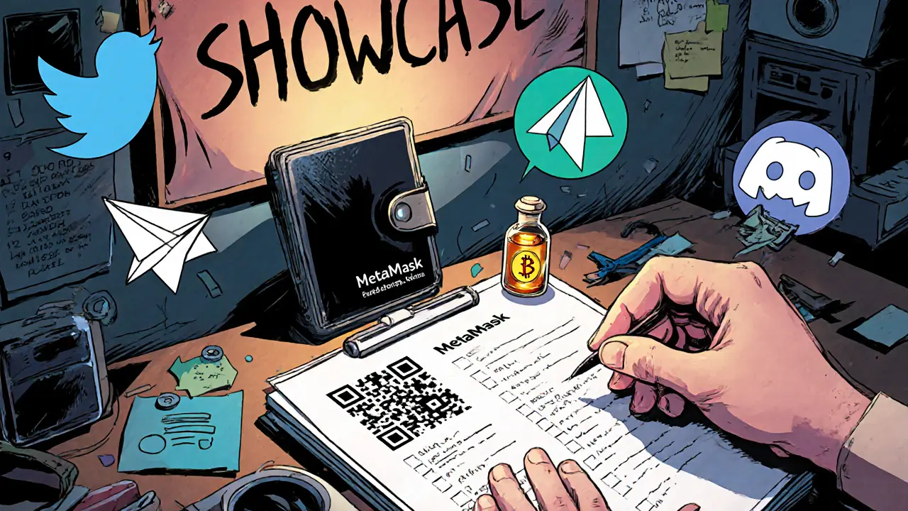 Desk with wallet, ETH token, and social media icons illustrating airdrop preparation steps.