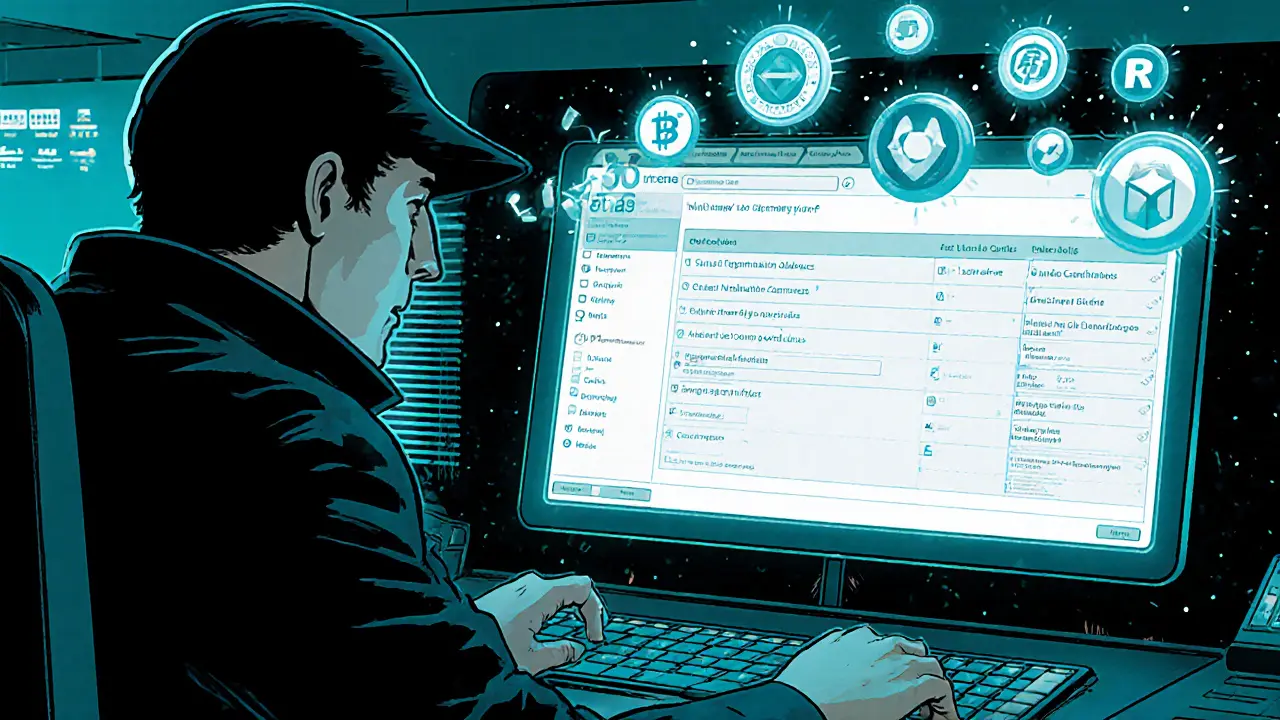 Detective hero examines a blockchain explorer and checklist on a futuristic console.