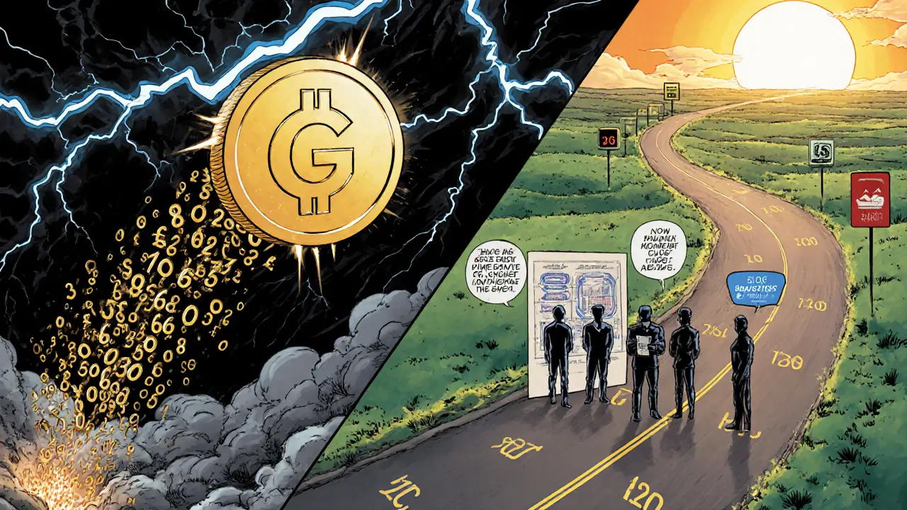 Falling GENS coin contrasted with a hopeful roadmap showing future staking and cross‑chain bridges.