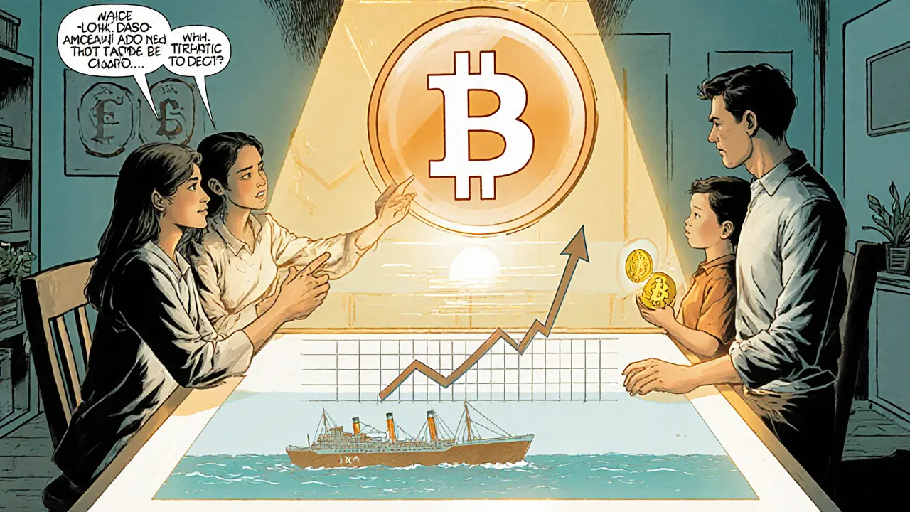 Family looks at a holographic Bitcoin chart as a sinking peso ship drifts away.