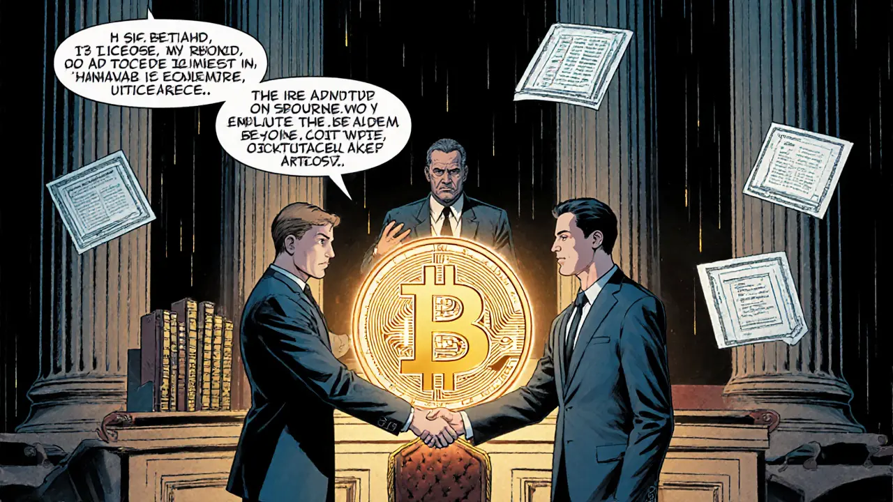 FCA officer granting a stablecoin license beside a Bank of England guardian in a courtroom scene.