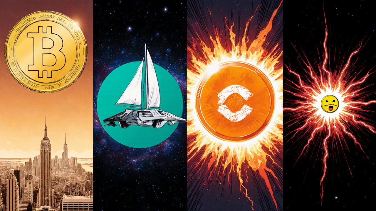 Four comic panels show Large‑Cap Bitcoin, Mid‑Cap Solana, Small‑Cap Chainlink, Micro‑Cap meme coin.