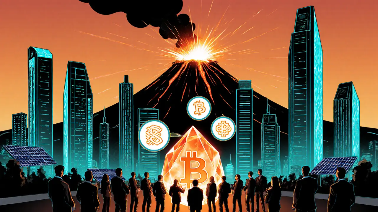 Futuristic Bitcoin City with geothermal towers, investors at a crypto conference, neon lighting.