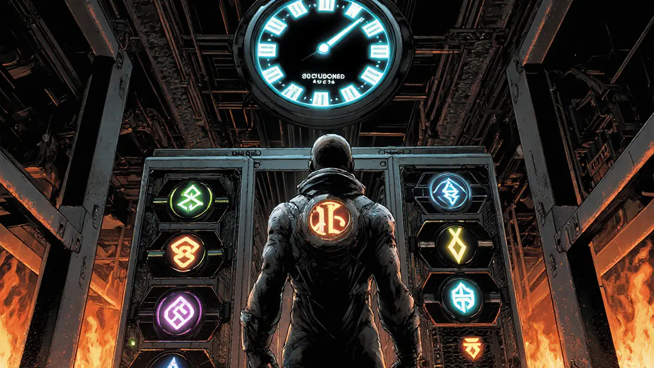 Futuristic miner stands before a multi‑GPU rig with glowing algorithm symbols and a 30‑second timer.