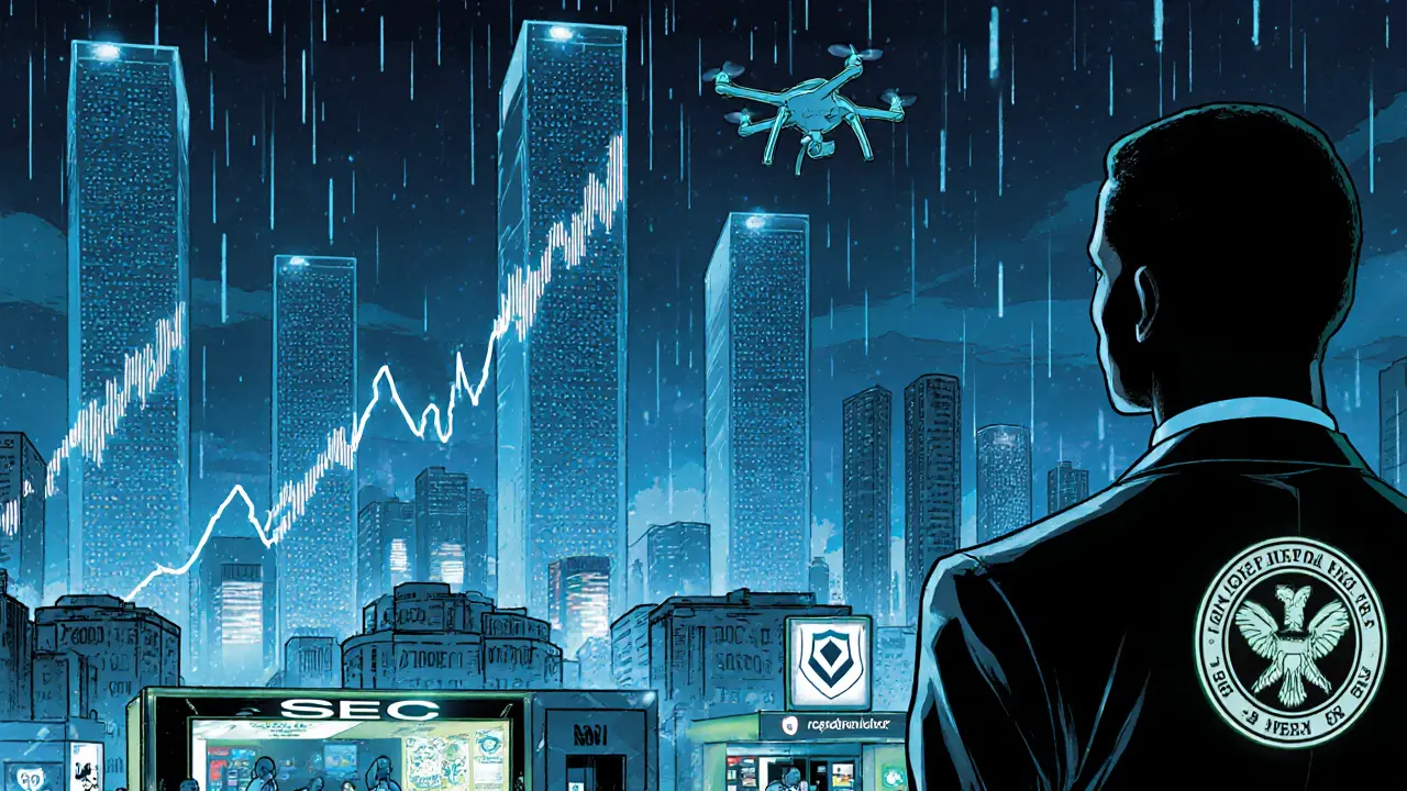 Futuristic Nigerian city with glowing graphs, banks, and crypto exchange hubs.