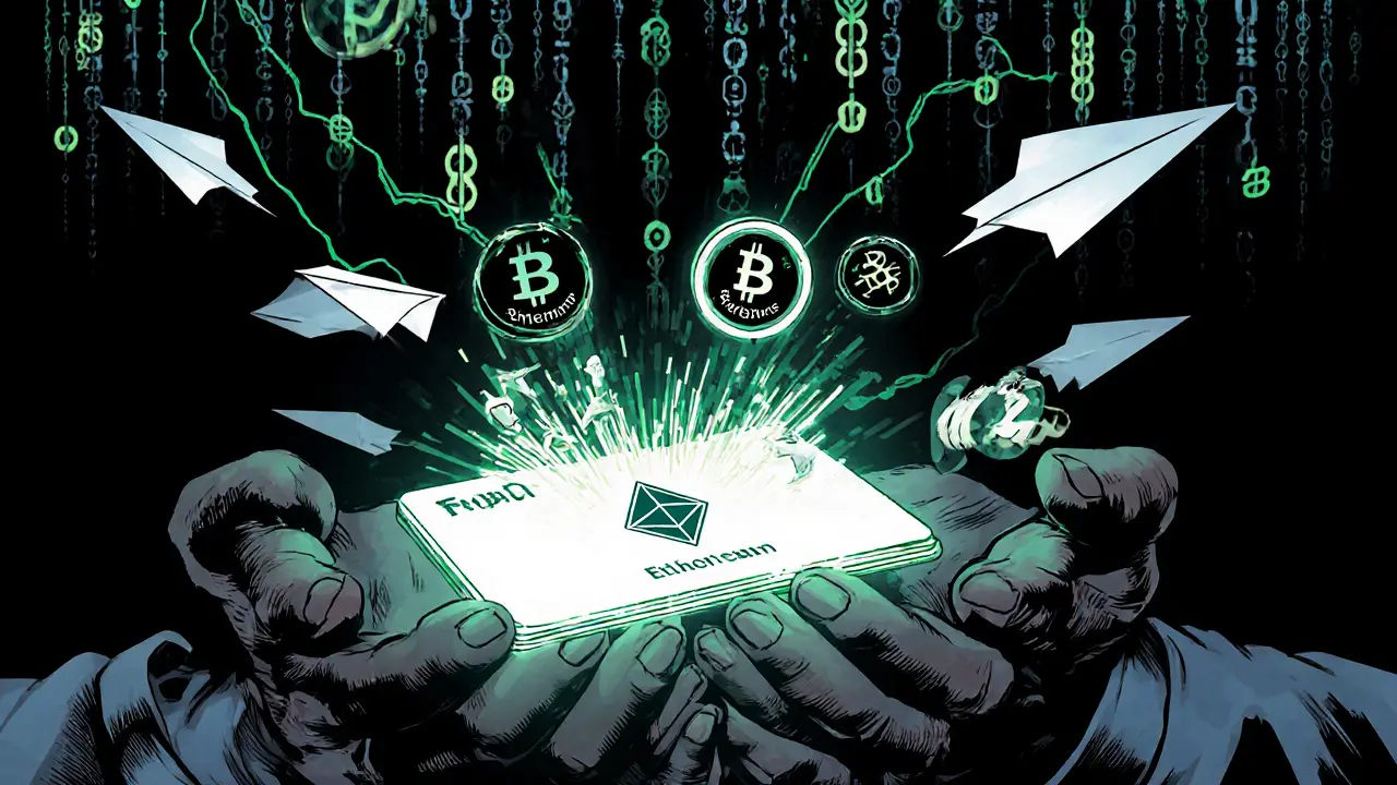 Hands shaking over a smart contract as micro-transactions fly silently, with only start and end records on the blockchain.