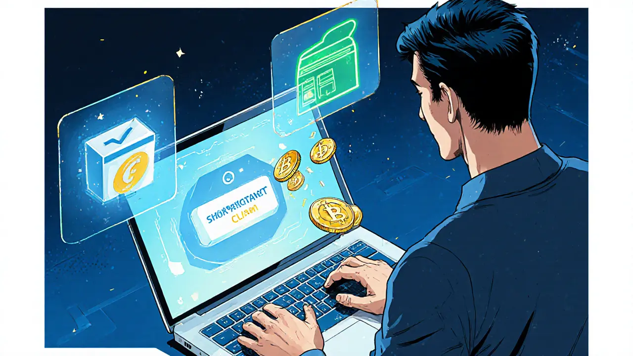 Hero claiming SHO airdrop on a laptop, with tokens flowing to a wallet and governance symbols nearby.