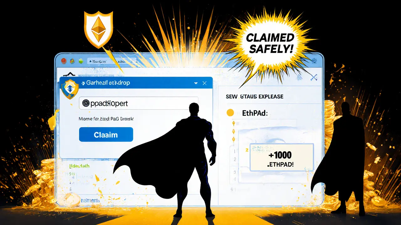 Hero claiming tokens safely, verified on Etherscan, with shield symbol indicating security.