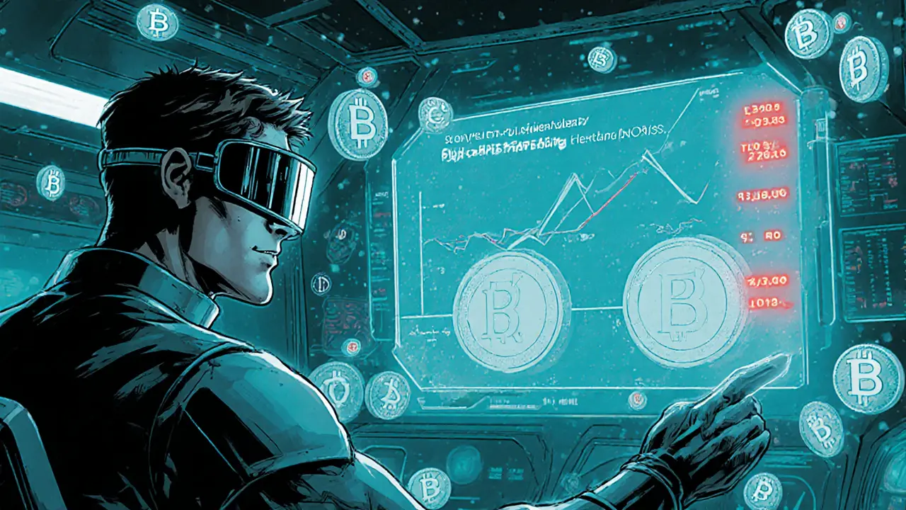 Hero in a data‑filled command center compares tokens with equal market caps but different supplies.