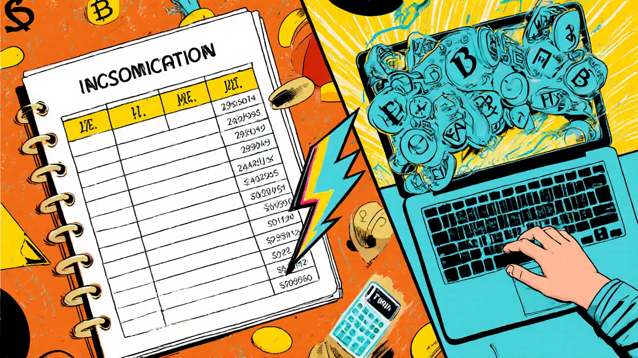 Hero recording staking rewards in a ledger while checking crypto prices on a laptop.