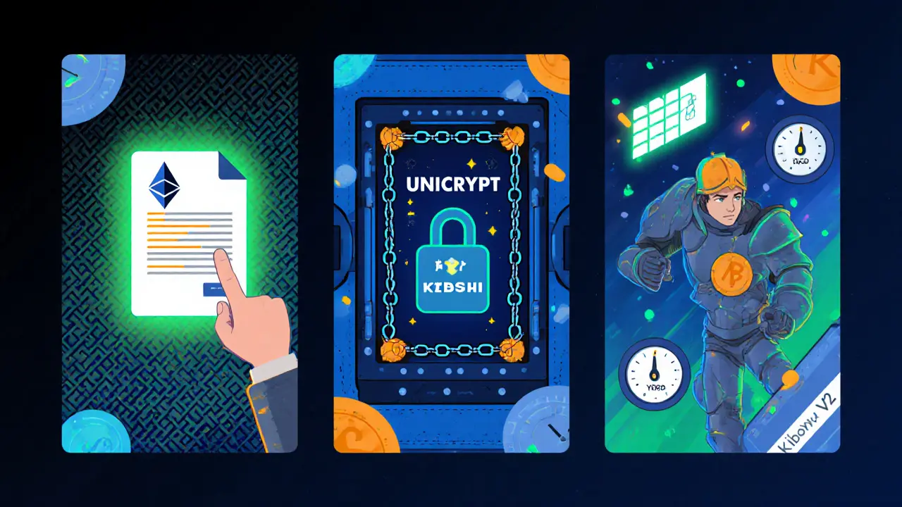 Heroic figure interacts with ERC‑20 contract, locked Unicrypt vault, and Uniswap swap panels.