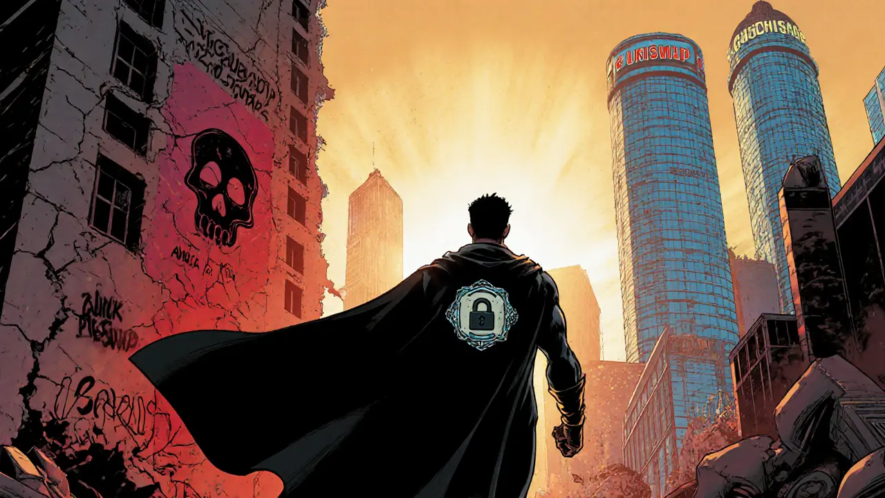 Heroic investor walks away from ruined CremePieSwap toward bright, secure DEX towers.