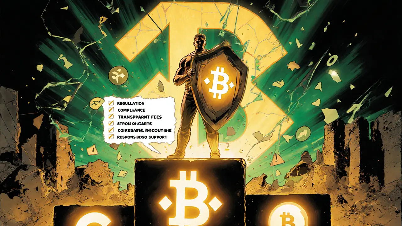 Heroic trader with compliance shield beside Binance and Coinbase logos, Hotbit ruins in background.