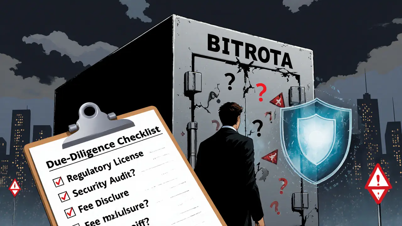 Investigator examining a cracked Bitrota vault with a due‑diligence checklist and warning signs.