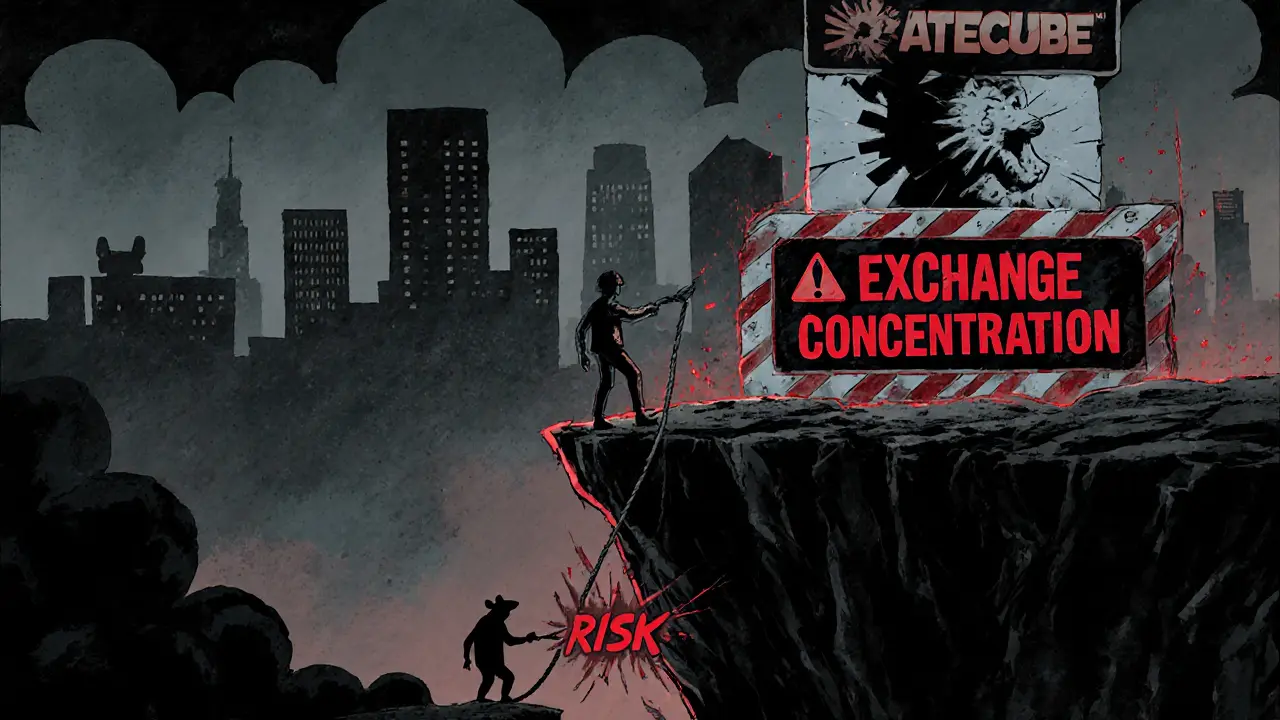 Investor teeters on a cliff of risk with warning signs and a ghostly rat.