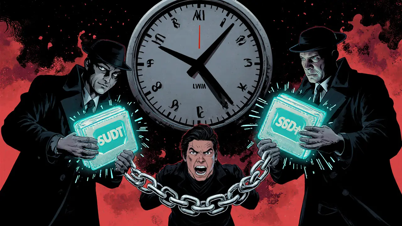 Law enforcement seizing glowing digital wallets, a 30 USDT fee chain, and a frustrated user.