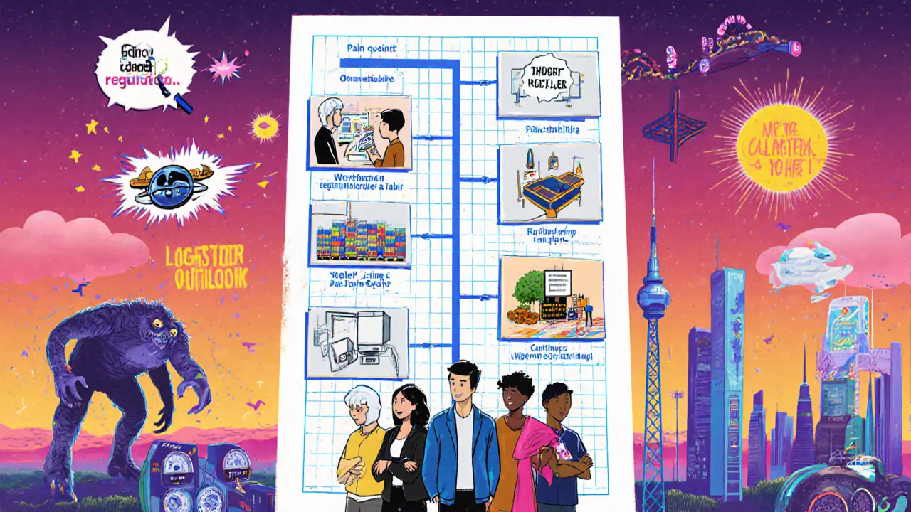 Logistics heroes mapping a roadmap with obstacles, AI drones, and quantum shields in the background.