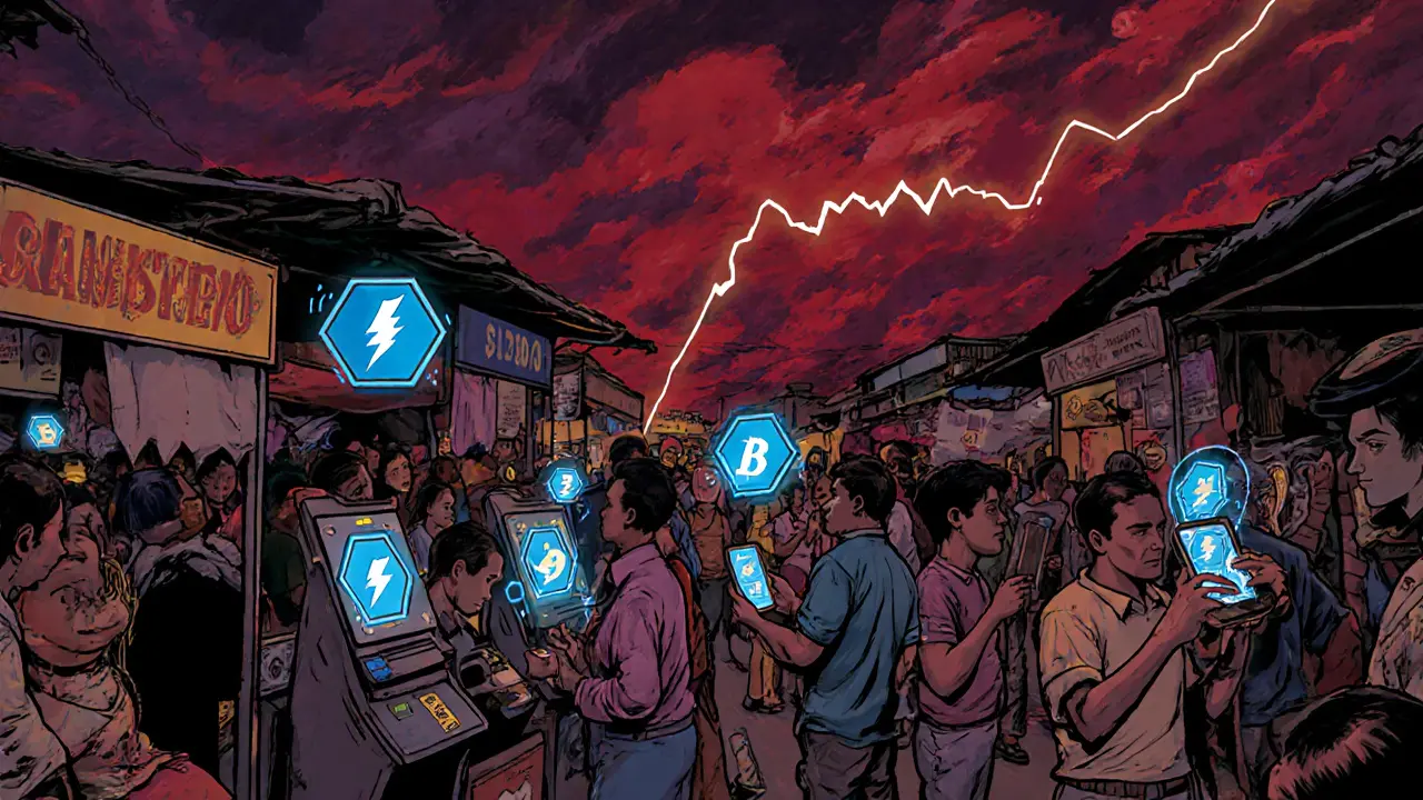 Market vendors using Chivo Wallet terminals as digital coins flow above, stormy sky showing volatility.