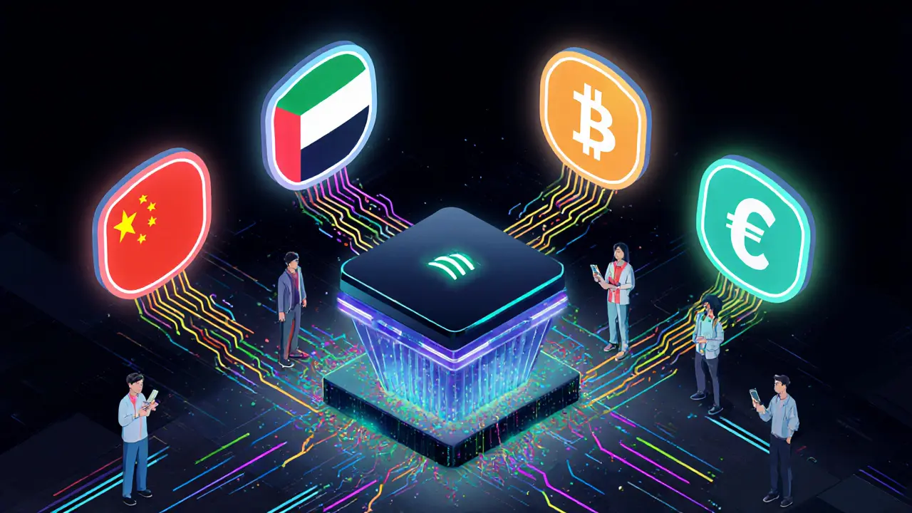 mBridge hub connecting digital yuan, dirham, baht, and e‑HKD with merchants using instant NFC payments.