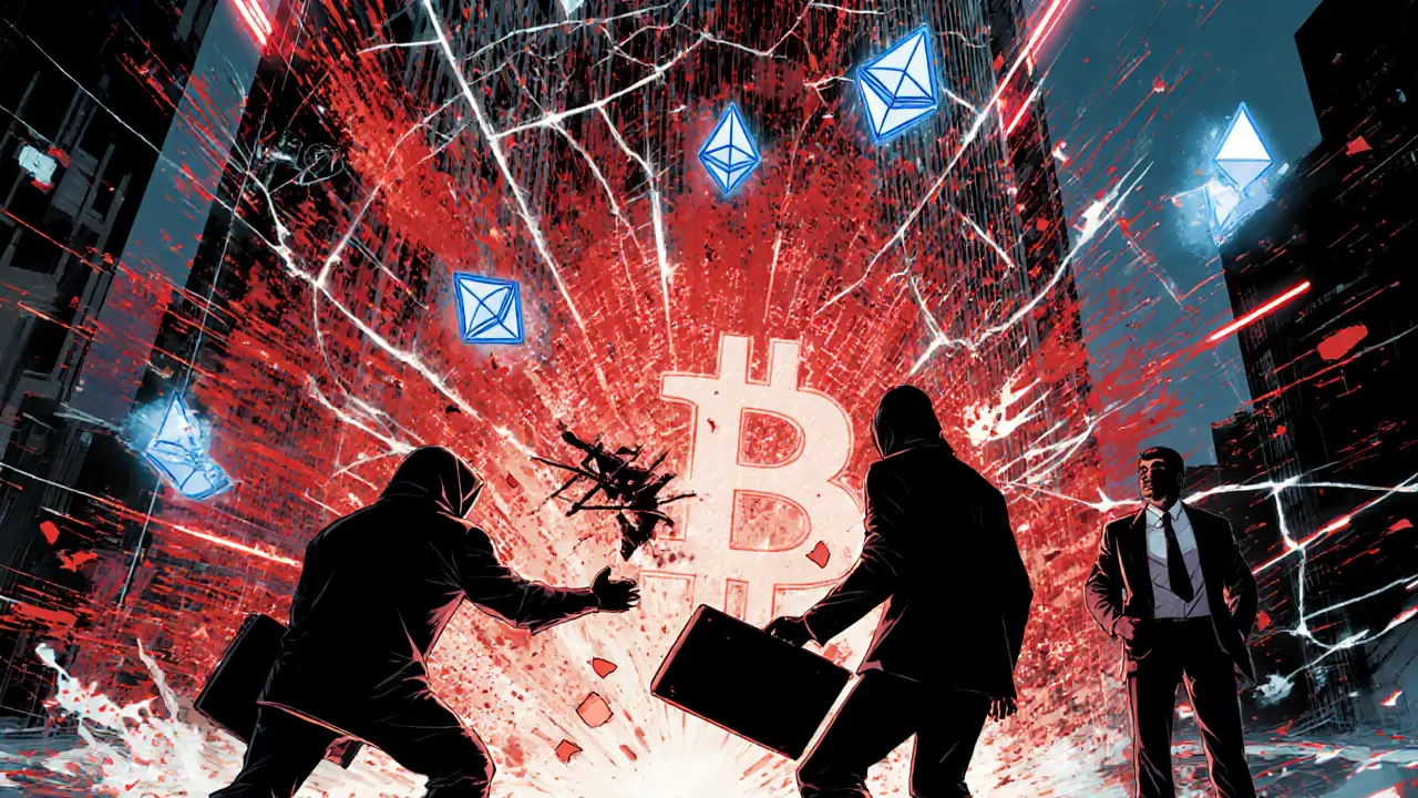 Nobitex exchange tower exploding with red alarms and floating crypto icons.