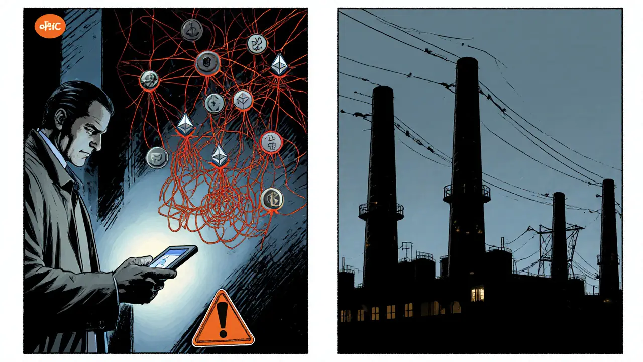 OFAC agent targeting shadowy crypto network while a power plant flickers.