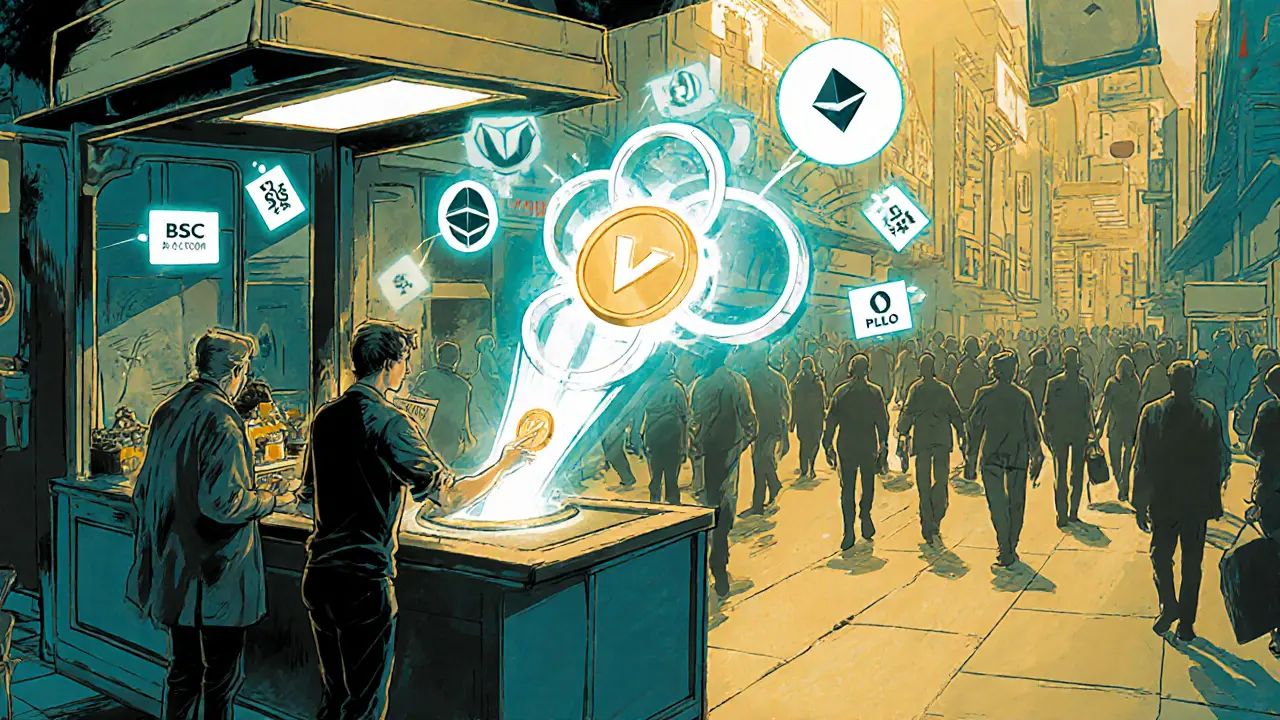 Patron pays with Verge at market kiosk, light arcs represent cross‑chain connections.