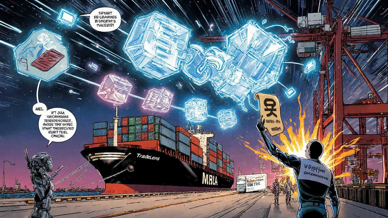 Port scene with glowing IoT tags on containers linking to a blockchain ledger and smart contract payment.