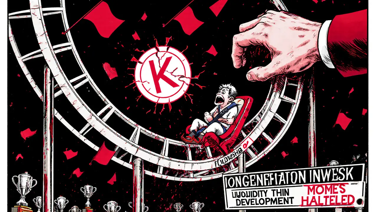 Roller‑coaster price chart with investor, red flags, and large wallet hand showing KiboShib risks.