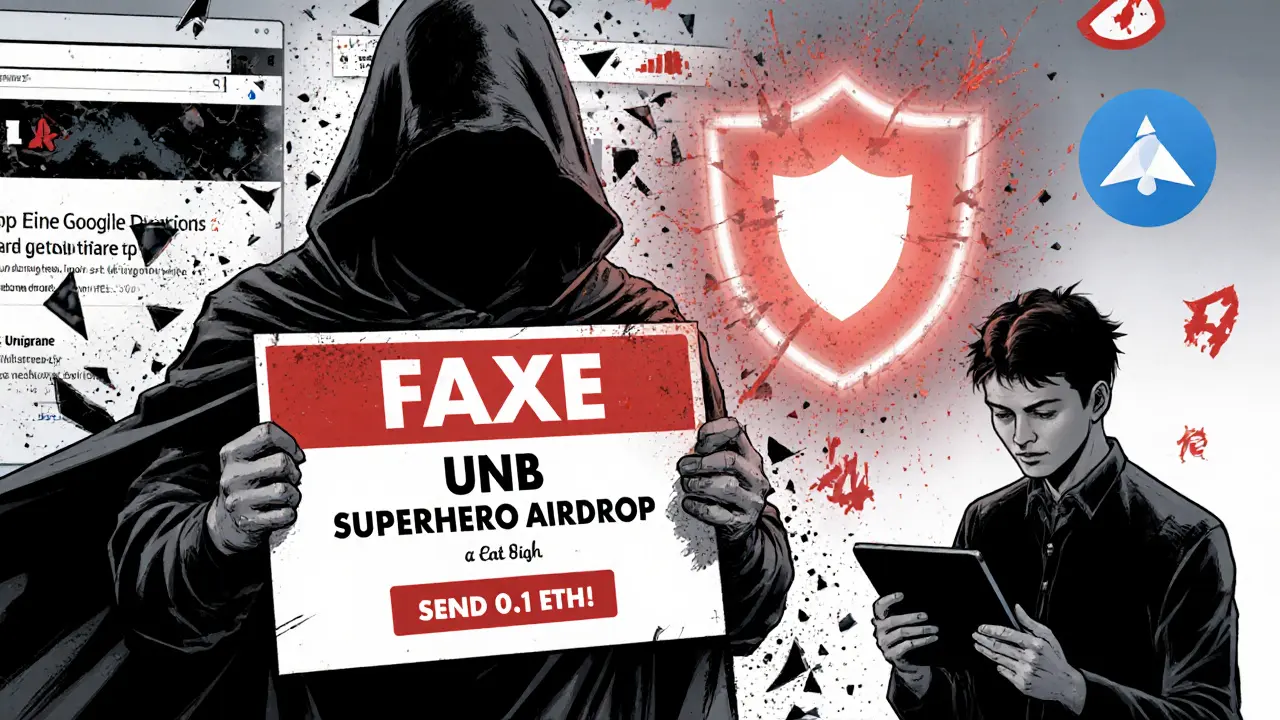 Scammer holding fake airdrop sign versus real user interacting with official Unbound app, with a glowing NFT above their head.