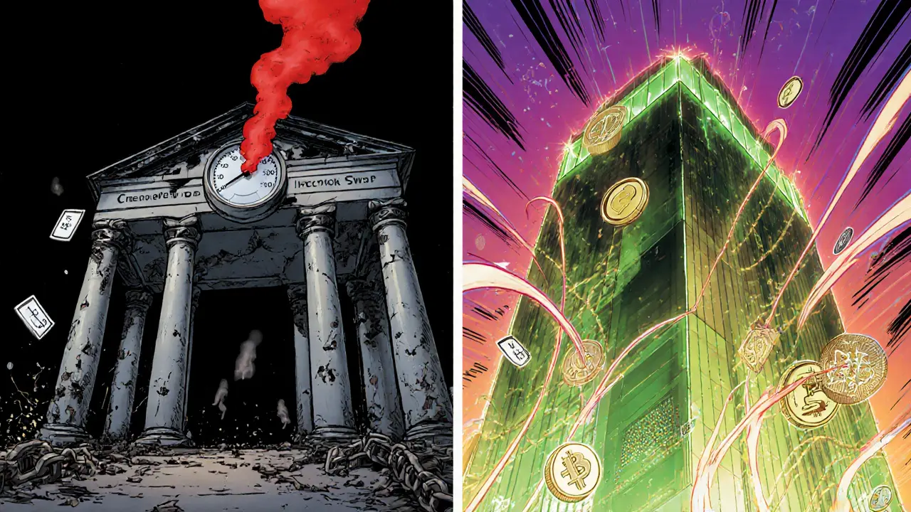 Side‑by‑side comic panels contrast empty CremePieSwap tower with bustling QuickSwap skyscraper.