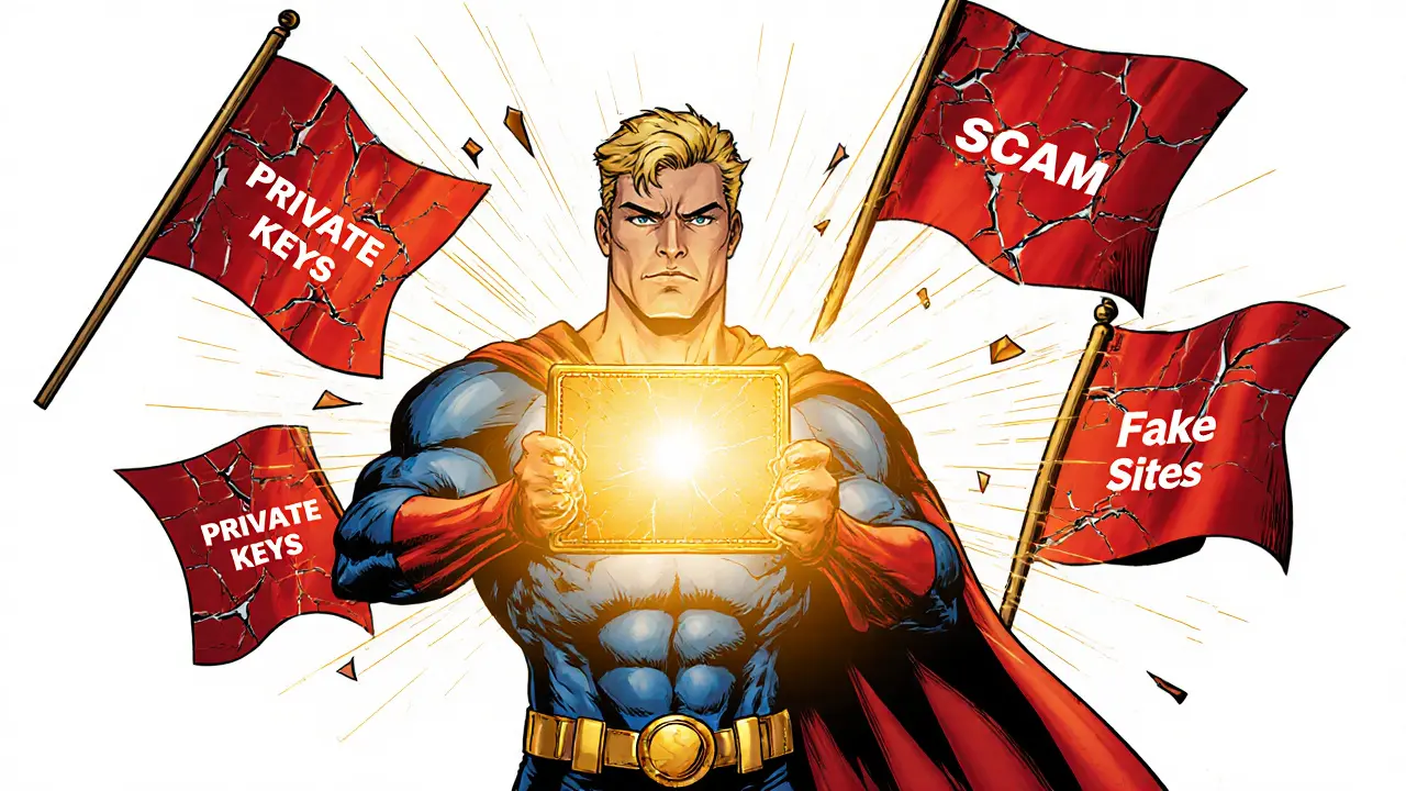Superhero shields a digital wallet as false airdrop red flags crumble.