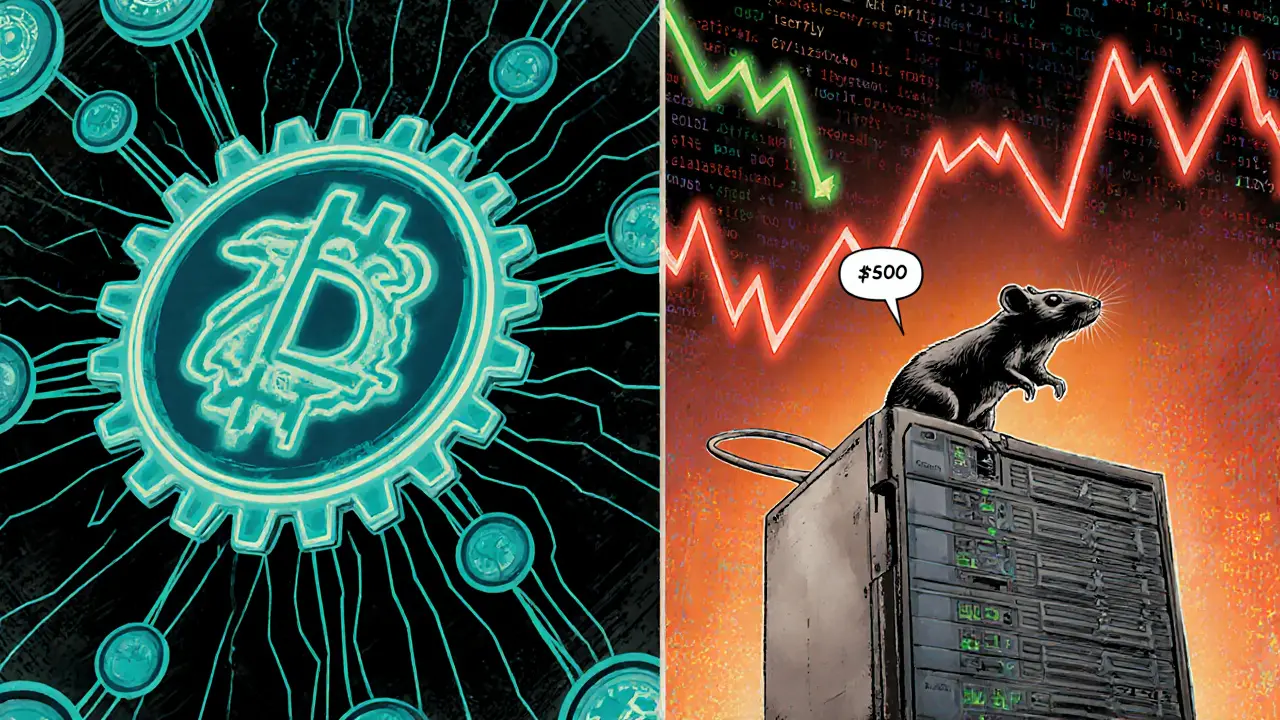 Technical diagram shows RatCoin's hybrid PoW/PoS and volatile market graphs.