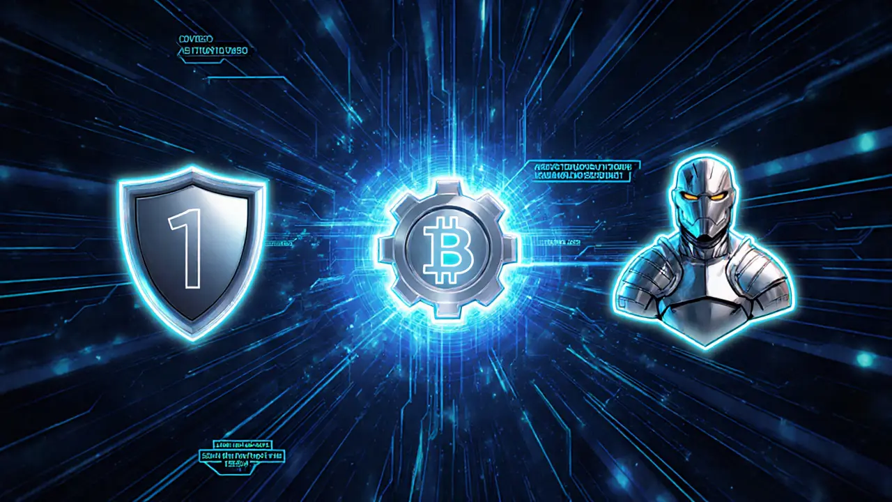 Three evolving NFT avatars — shield, gear, and armor — connected by data streams to a blockchain node in space.