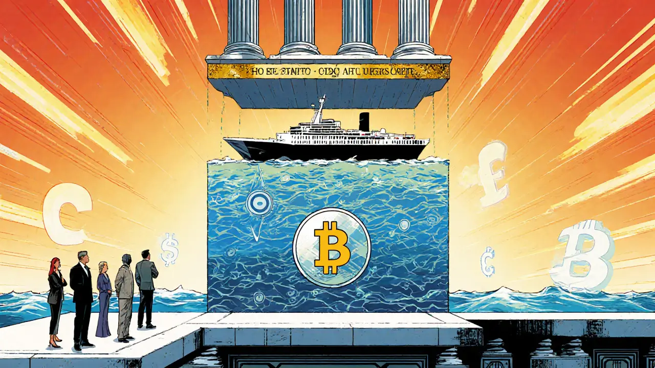 Three‑layer monetary system with CBDC towers, stablecoin ships, and cash foundations, observed by diverse stakeholders.