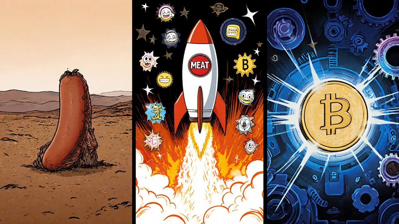Three panels showing stagnation desert, rocket hype, and utility upgrade workshop for MEAT token.