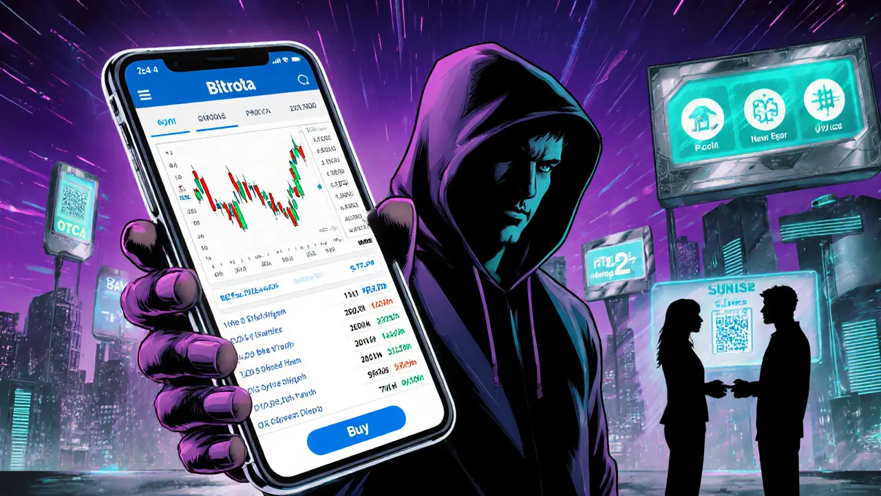 Trader using Bitrota mobile app showing Spot chart and P2P avatar exchange with neon city backdrop.