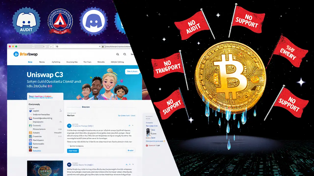 Trusted crypto platforms vs C3—glowing audits on one side, red flags and silence on the other.