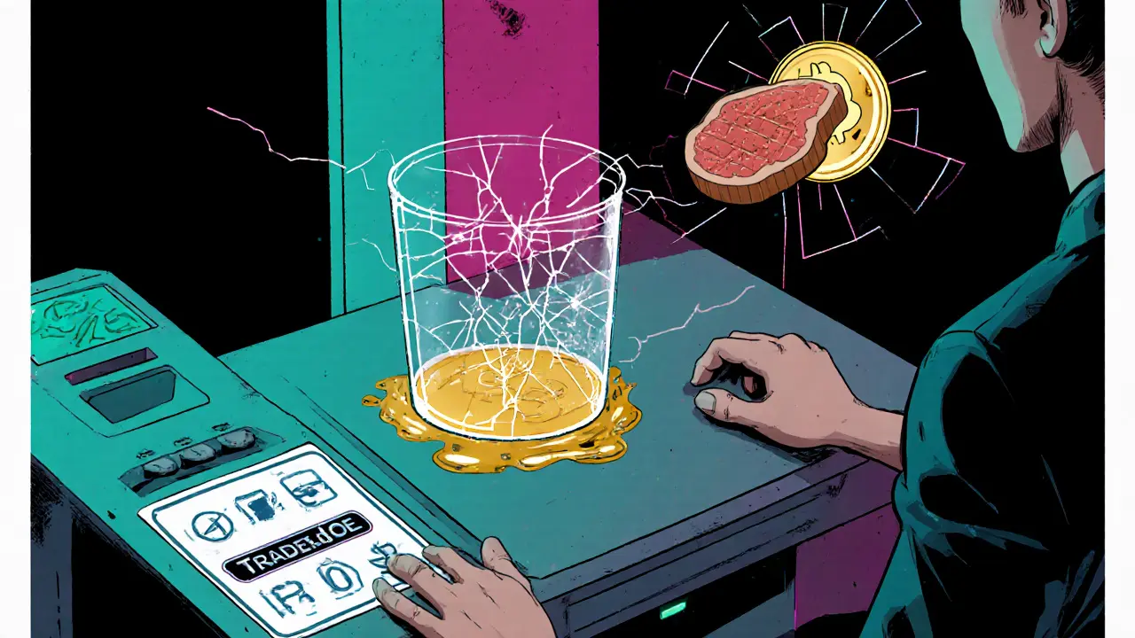 User at a DEX terminal swapping tokens, tiny golden liquidity pool under a cracked glass.