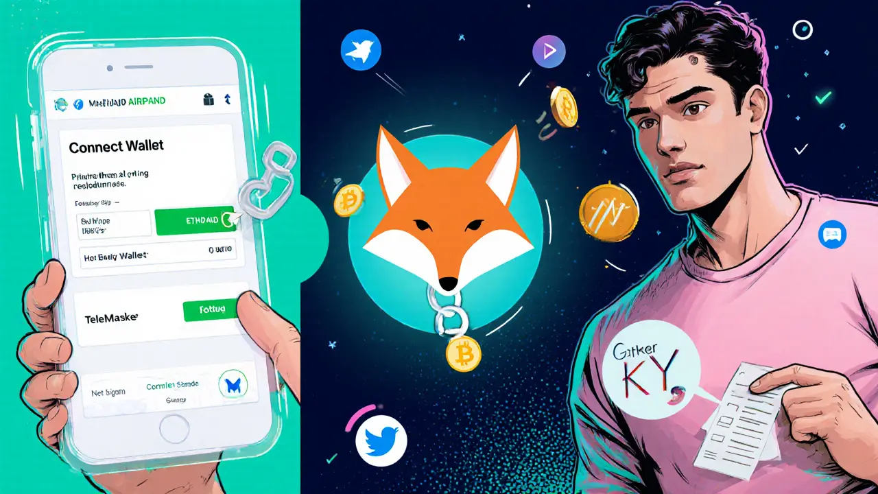 User completing token balance check, MetaMask connection, and social media tasks in comic panels.