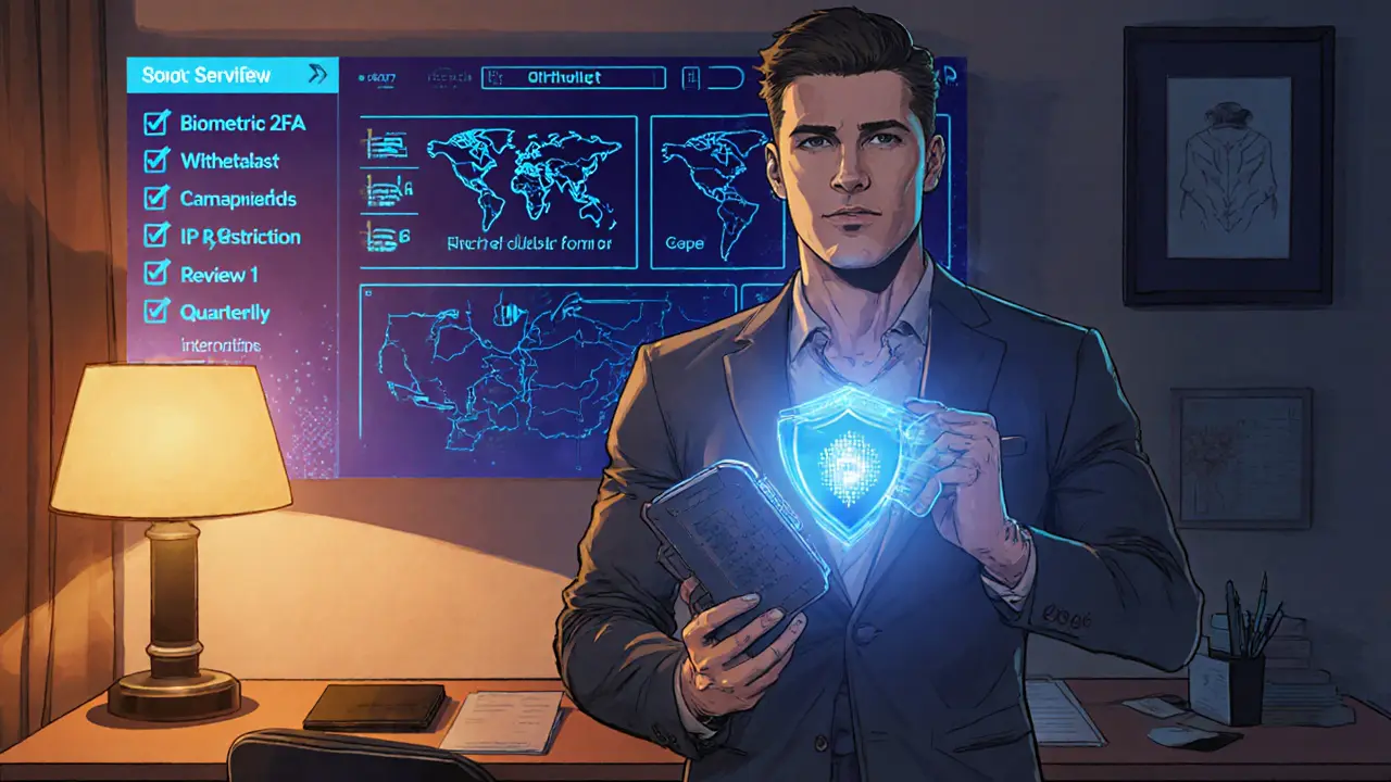 User hero in home office holds hardware wallet, with holographic security dashboard showing 2FA and whitelists.