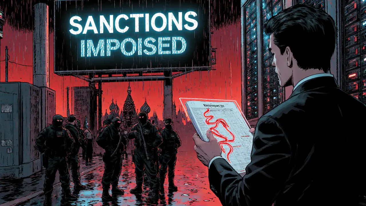 Western agents confronting crypto miners as blockchain forensics display transaction trails.